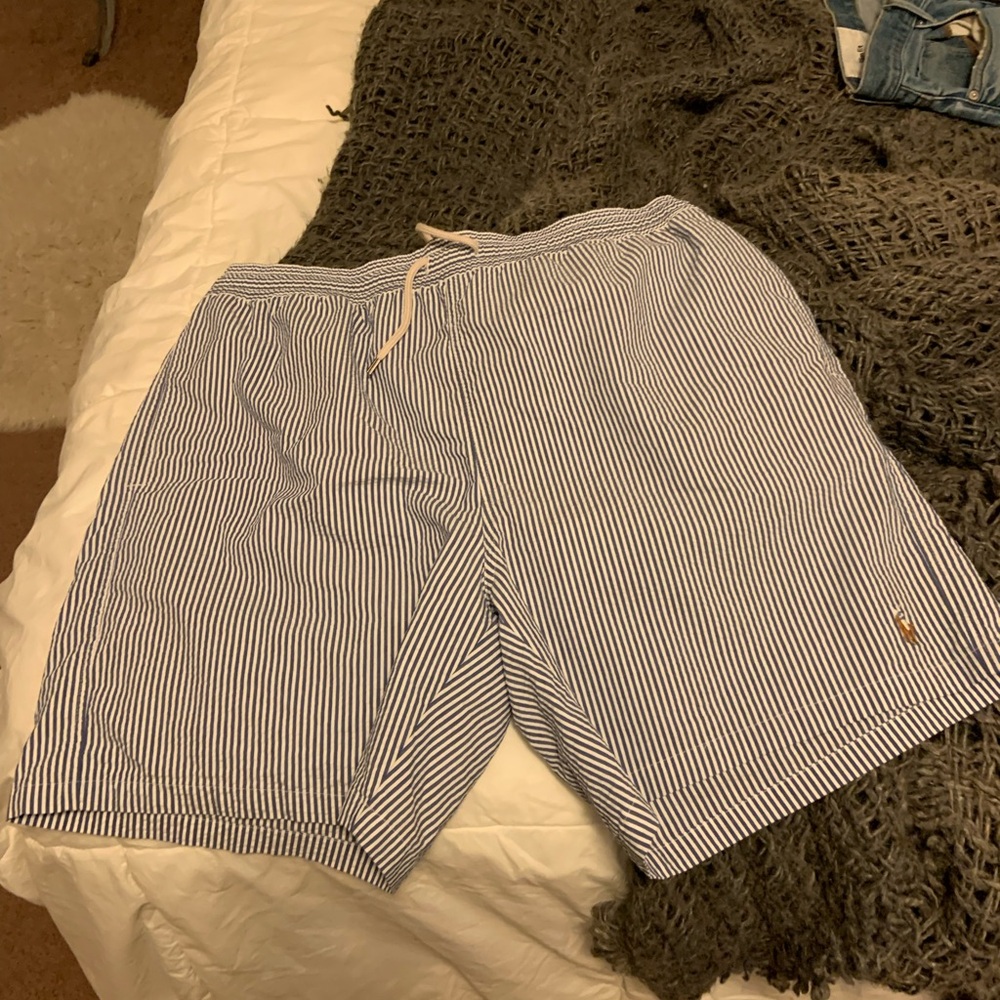 Polo by Ralph Lauren Men’s Blue and White Striped Swim Trunks